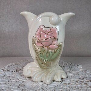 Vintage Royal Copley Ceramic Vase With Raised Pink Rose Design 6 Inches Tall